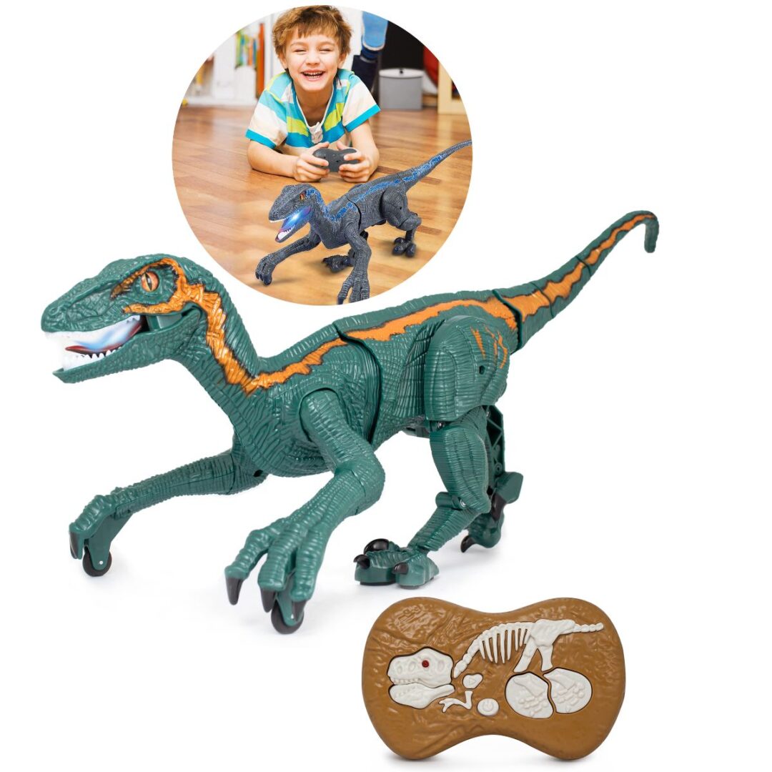DINOSARIO VELOCIRAPTOR CONTROL REMOTO VERDE GRIS