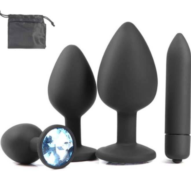 Set Kit 3 Plug Anal + Consolador Vibrador, Siliconado, Negro con gema celeste