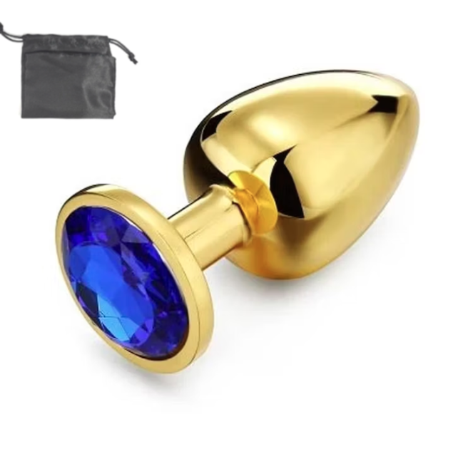 Plug Anal Acero 7cm / Oro Rosado / Con Bolsito / Gema Azul