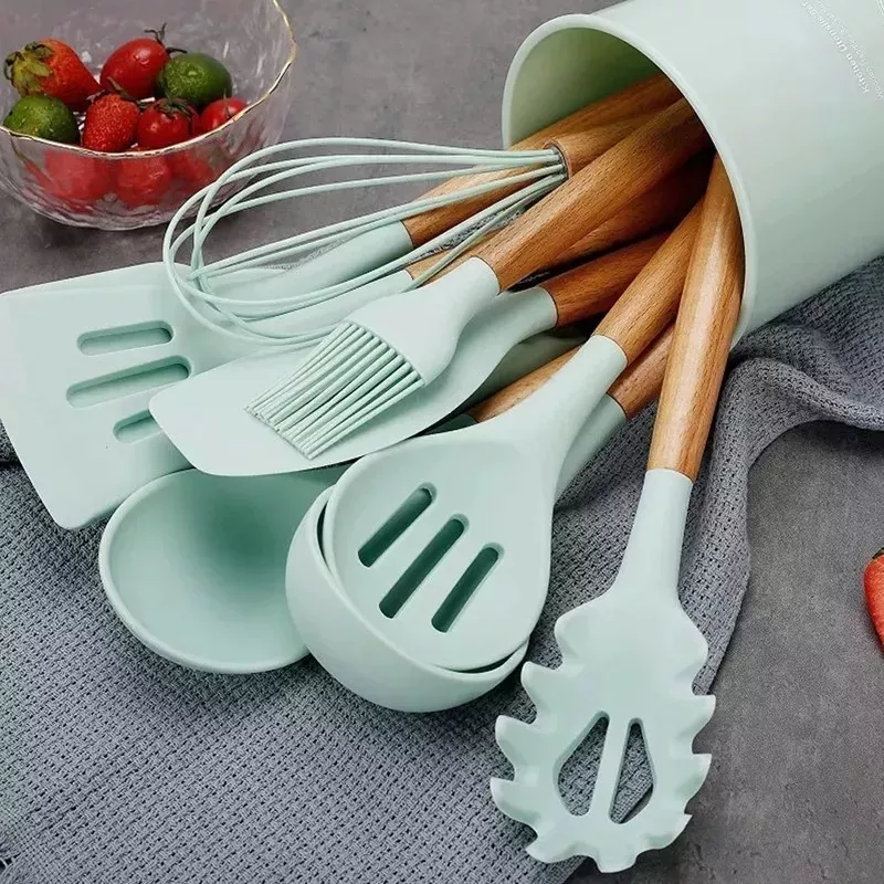 Set De Espatulas Cocina Antiadherente 12 Piezas Silicona y Madera + Vaso (Verde)