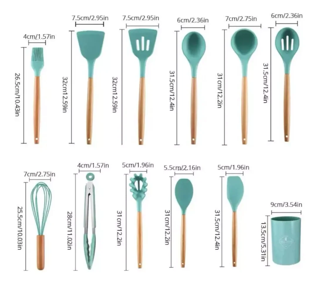 Set De Espatulas Cocina Antiadherente 12 Piezas Silicona y Madera + Vaso (Verde) - Imagen 2