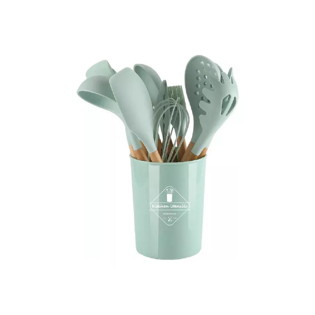Set De Espatulas Cocina Antiadherente 12 Piezas Silicona y Madera + Vaso (Verde) - Imagen 6