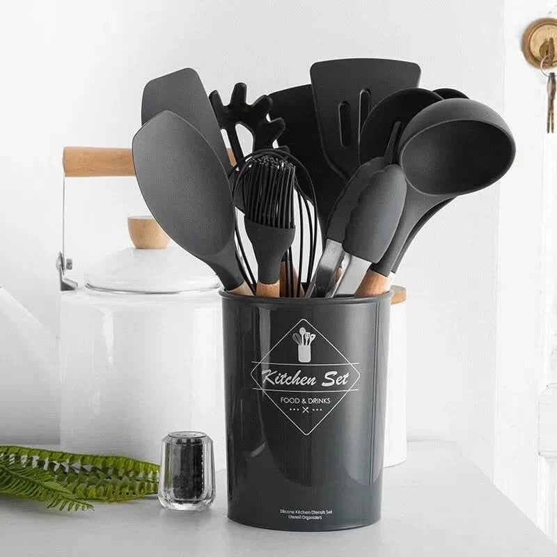 Set De Espatulas Cocina Antiadherente 12 Piezas Silicona + Vaso (Negro)